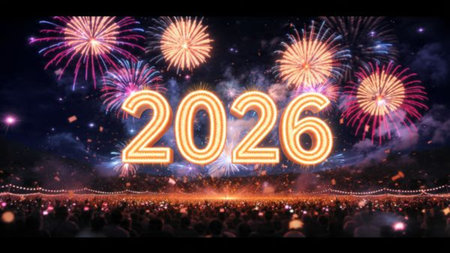 Premium 2026 celebration visual with soft frozen glow arcs and minimal shadows.