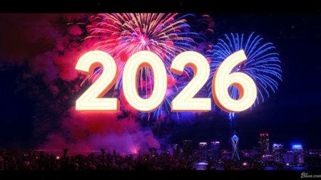 Elegant 2026 premium canvas with silver sparkle trails and soft cool glow.