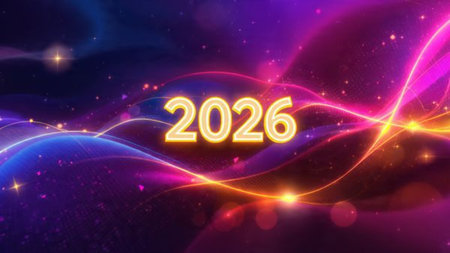 High-class 2026 New Year scene with icy sparkle particles and clean white background balance.