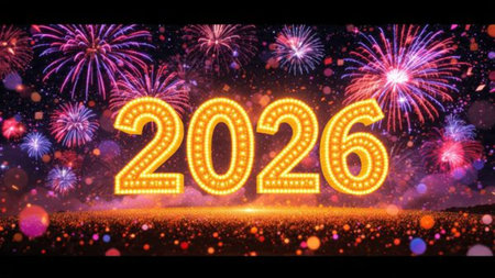 Elegant New Year 2026 scene with crystal glass numbers and subtle silver shimmer on a clean luxury...