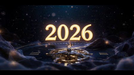 Luxury 2026 winter canvas with crystal-dust particles and clean festive space.