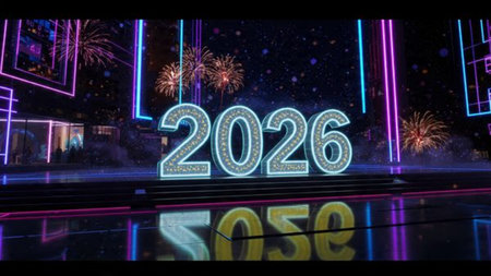 Luxury New Year 2026 background with silver clock silhouette, midnight glow, and soft frost...