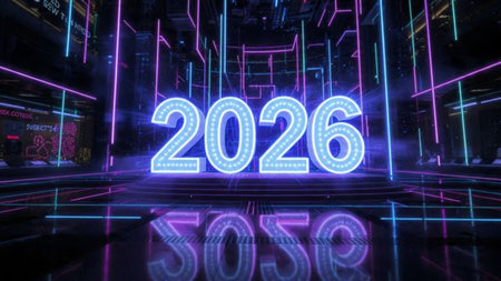 Premium 2026 New Year backdrop with smooth ice-glass reflections and calm winter mood.