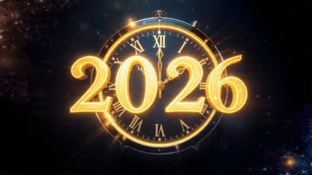 Luxury 2026 winter canvas with crystal-dust particles and clean festive space.
