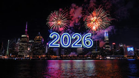 Premium 2026 luxury greeting with icy shimmer corners and soft festive glow.