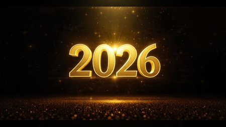 Luxury New Year 2026 backdrop with glossy ice-blue gradients and soft floating spark particles,...