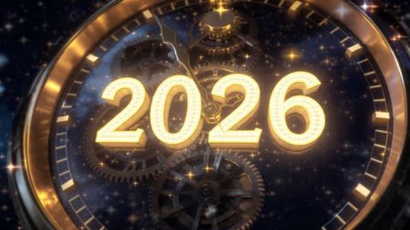 Luxury 2026 New Year scene with smooth glassy number reflections and refined white balance.