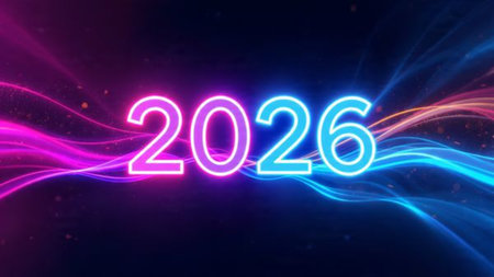 Luxury 2026 premium greeting with soft cool bokeh mist and crisp typography space.