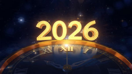 Luxury 2026 New Year scene with smooth glassy reflections and refined white balance.