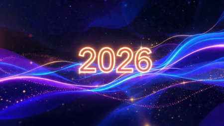 Luxury 2026 greeting backdrop with diamond frost particles and smooth lighting bloom.