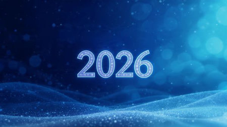 Luxury 2026 New Year scene with smooth glassy number reflections and refined white balance.