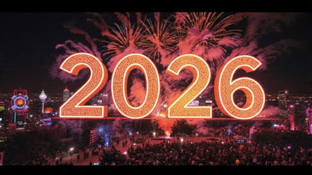 Premium 2026 New Year design with smooth ice-glass lighting reflections, elegant winter palette.