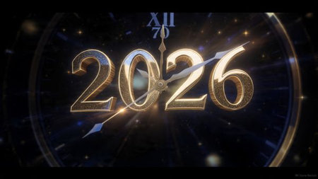 Luxury 2026 greeting background with frozen bokeh haze and calm winter mood, high-resolution finish.