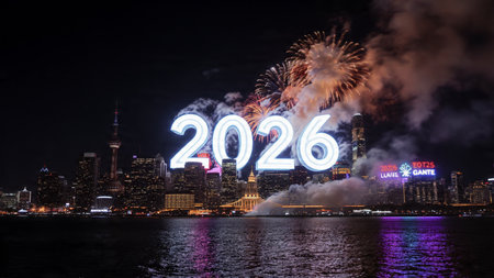 Luxury 2026 New Year visual with smooth icy light arcs and premium copy space.
