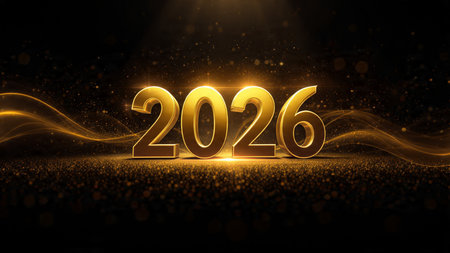 Luxury 2026 New Year scene with smooth glassy reflections and refined white balance.