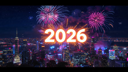 Luxury 2026 celebration backdrop with diamond frost field and minimal noise diffusion.