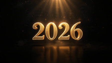 Winter luxury New Year 2026 scene with soft snowfall blur, silver gleam lighting, high-resolution...