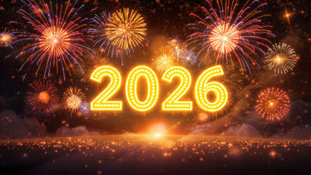 Premium 2026 celebration backdrop with diamond frost particles and crisp layout.