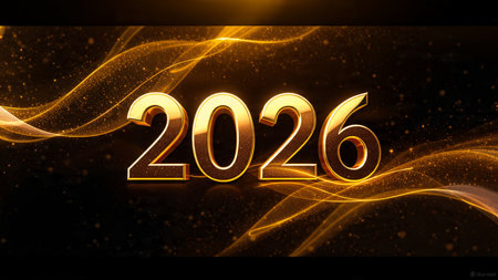 Minimal luxury 2026 New Year composition with gentle glow arc, silver sparkle gradient, clean copy...