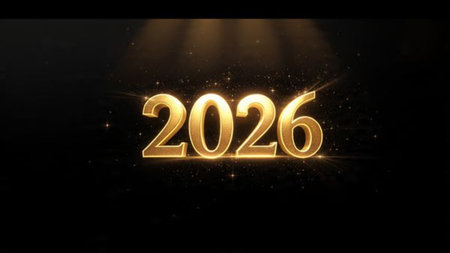 Minimal luxury 2026 New Year composition with gentle glow arc, silver sparkle gradient, clean copy...
