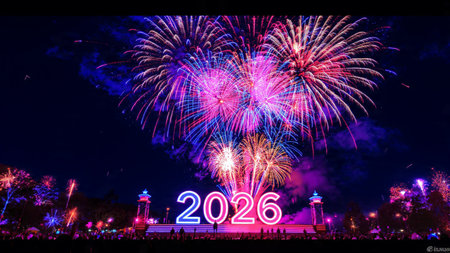 2026 luxury winter greeting with smooth silver light arcs and refined premium balance.