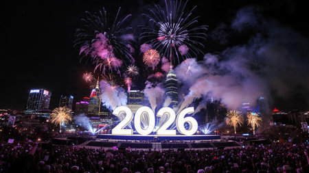 Luxury 2026 celebration design with pearl frost bokeh and clean minimal space.