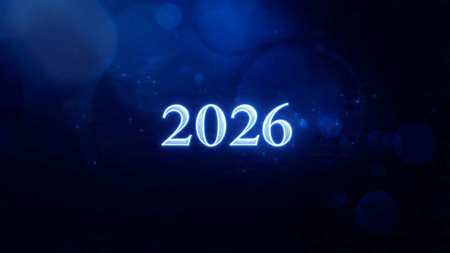 Elegant New Year 2026 scene with crystal glass numbers and subtle silver shimmer on a clean luxury...