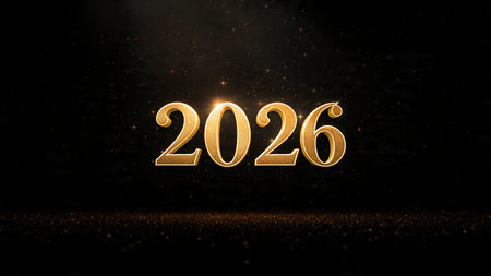Elegant 2026 New Year greeting with ice-blue bokeh, smooth light spread, premium holiday aesthetic.