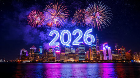 Happy new year 2016 written with Sparkle firework and cityscape background