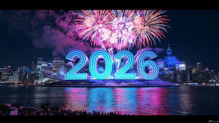 Happy New Year with Fireworks over a city skyline