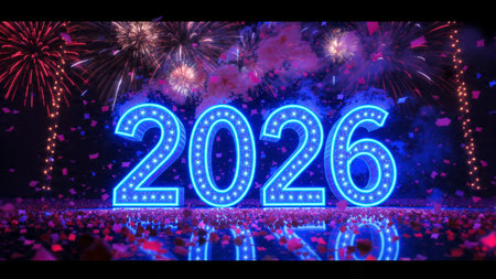 New Year 2016 with fireworks and crowd of people, 3d render