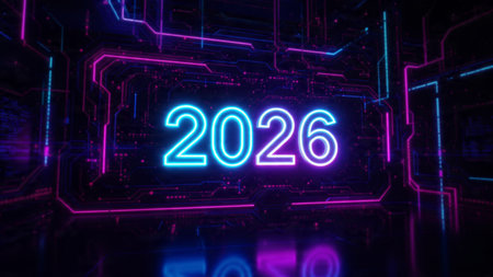 Neon glowing 2020 year sign on dark futuristic background 3D rendering