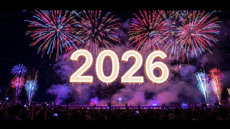Happy new year 2016 written with firework and crowd in the background