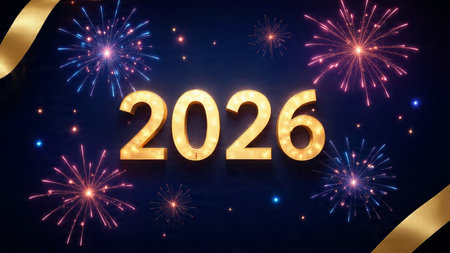 Happy New Year 2016 background with fireworks and golden ribbon. Vector illustration.
