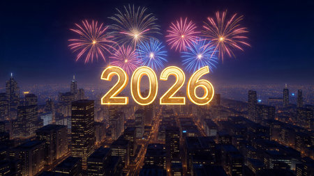 Elegant 2026 background with silver glow edges and minimal sparkle diffusion.