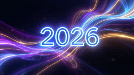 Premium New Year 2026 background with smooth glassy reflections and calm cool lighting.