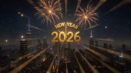 New Year greeting card with fireworks over cityscape