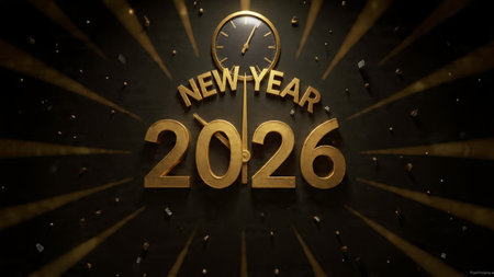 Happy New Year 2016 with golden clock on black background. 3D rendering