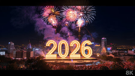 Luxury 2026 New Year visual with smooth silver light trails and clean layout balance.