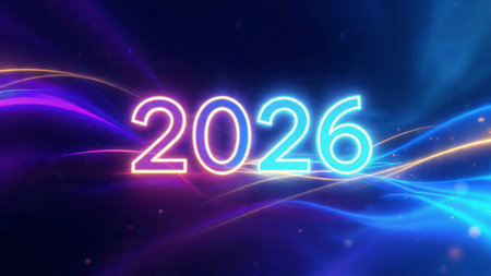 2026 New Year luxury background with soft glowing frost corners, elegant cool light.