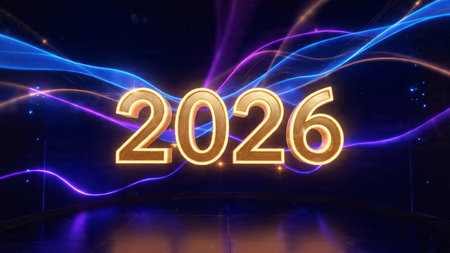 Luxury 2026 New Year visual with silky cool gradients and refined sparkle noise.