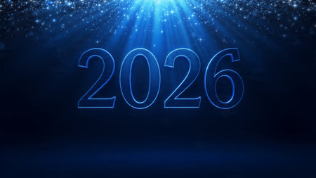 High-end 2026 New Year background with cool winter light diffusion, soft silver sparkles, and modern...