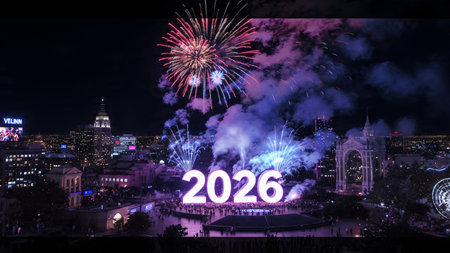 Luxury 2026 greeting design with soft ice shimmer mist and silver glow accents.
