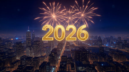 Premium 2026 New Year greeting with silky cool gradients and crisp layout balance.