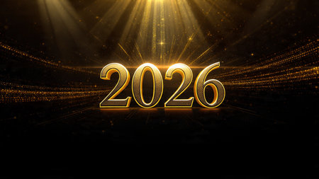 Luxury 2026 New Year scene with smooth glassy number reflections and refined white balance.