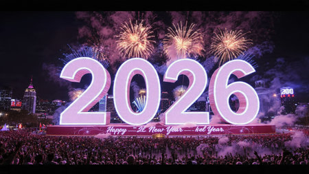 New Year celebration with fireworks and a large illuminated '2026' sign, surrounded by a crowd in an...