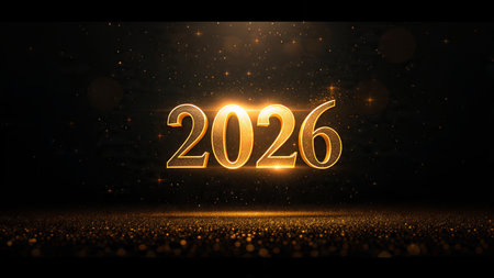 Premium 2026 greeting design with pearl frost spark field and clean white balance.