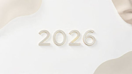 Elegant 2026 celebration backdrop with pearl-silver frost arcs and minimal noise.