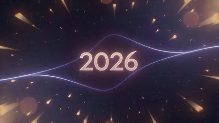Elegant 2026 background with silver glow edges and minimal sparkle diffusion.