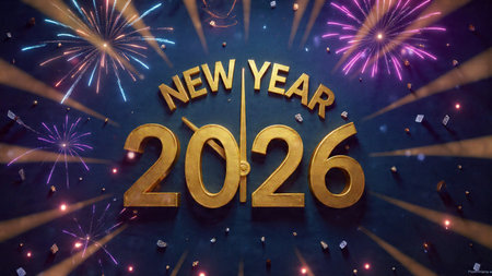 New Year 2016 celebration with fireworks and golden numbers on dark blue background